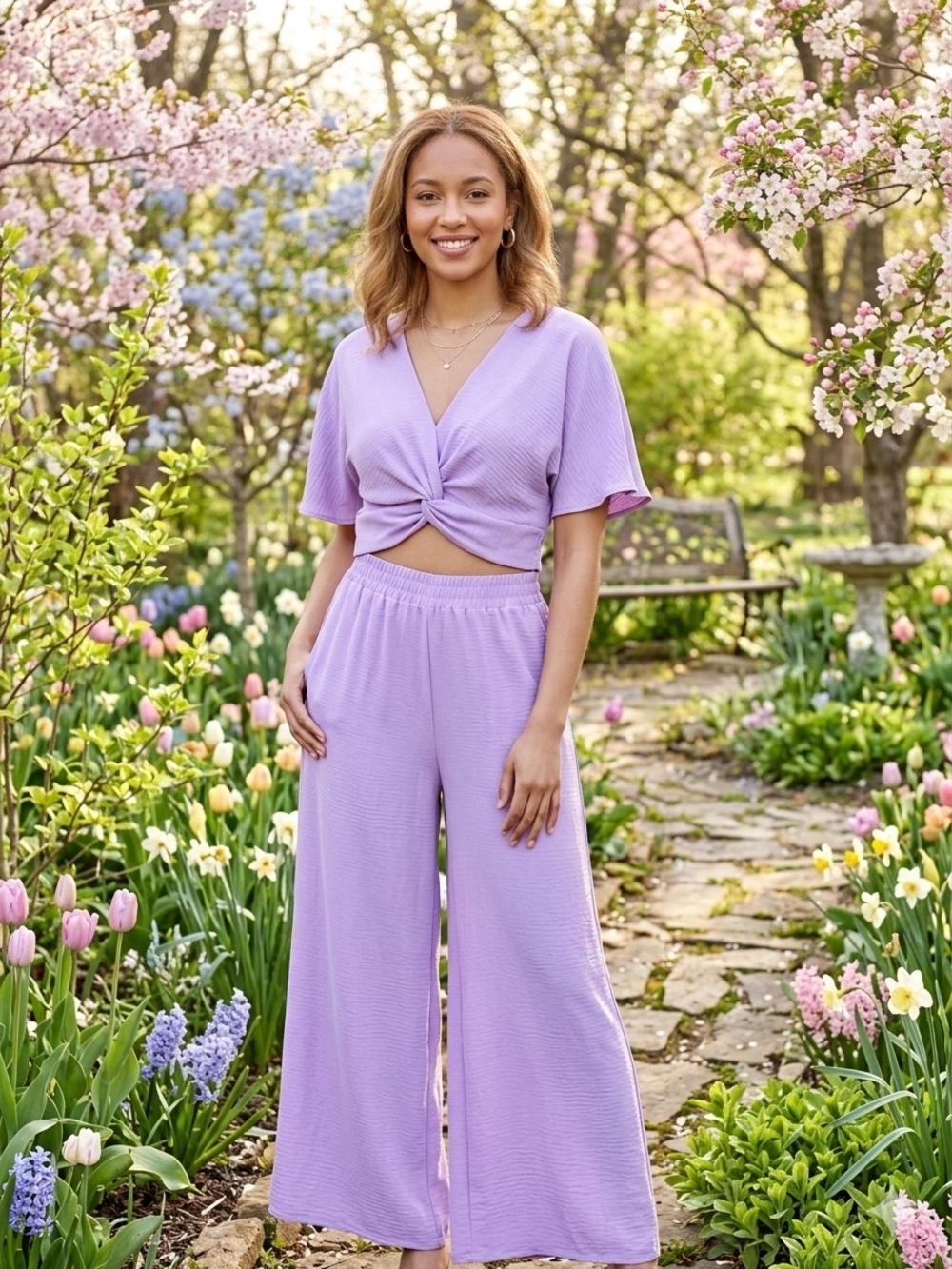 ZENANA | Lilac Twist-Front Crop Top & Wide-Leg Pants Set